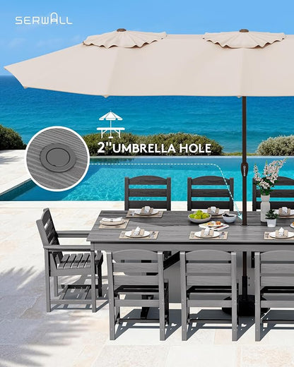 SERWALL 10 Piece 84" HDPE Outdoor Dining Set for 8 with 6 Armless Chair, 2 Armchairs and Umbrella, Gray