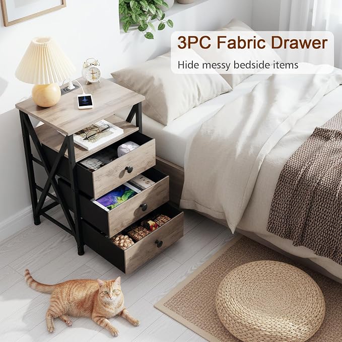AMHANCIBLE Nightstands Set of 2, LED Night Stand with Charging Station, End Side Tables with USB Port & Outlet, Bedside Table with 3 Fabric Drawers for Bedroom, Greige, HET053LGY