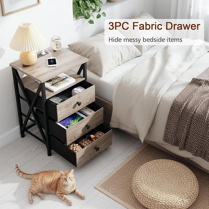 AMHANCIBLE Nightstands Set of 2, LED Night Stand with Charging Station, End Side Tables with USB Port & Outlet, Bedside Table with 3 Fabric Drawers for Bedroom, Greige, HET053LGY