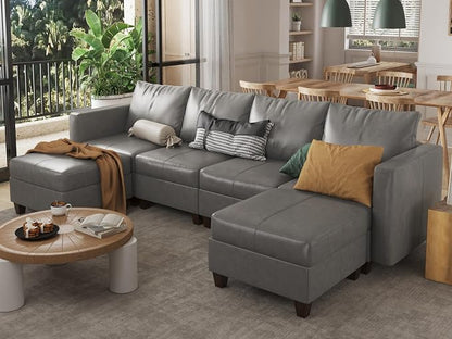 EASE MOOSE Modular Sectional Sofa with Storage, Faux Leather Sectional, Leather Couches for Living Room,Grey