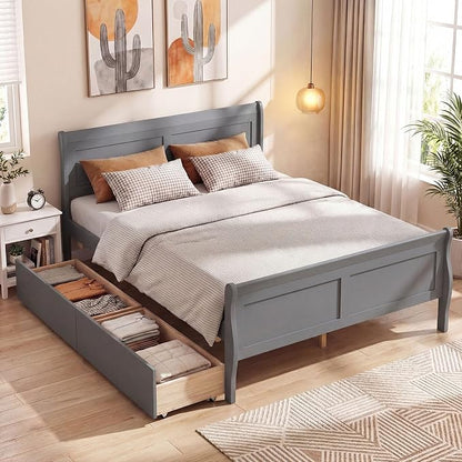Giantex Full Bed Frame with 2 Storage Drawers, Wood Platform Bed with Headboard & Footboard, Wooden Slats Support Mattress Foundation, Sleigh Bedframe for Teens Adults, No Box Spring Needed (Grey)