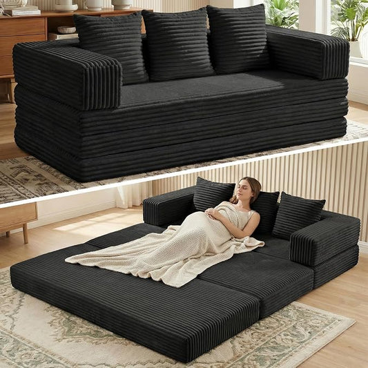 Convertible Sofa Bed Couch, 78’’ Oversized 4-in-1 Boneless Couches with Removable Armrests Backrest, Corduroy Futon Sofa Bed, Foldable Mattress Sleeper Sofa for Living Room Bedroom (Black)