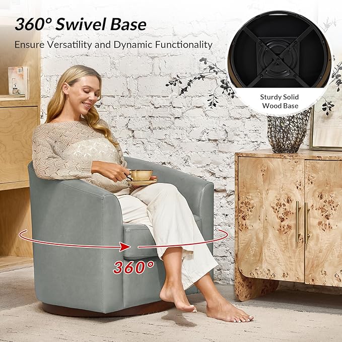 HULALA HOME Genuine Leather Swivel Barrel Chair, Round Swivel Accent Chair with Solid Wood Base, No Assembly Required, Sage