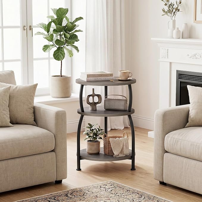 Round Side Table, 3-Tier End Table with Storage Shelf, 15.7" Wide Nightstand for Small Spaces, Tall Sofa Table Capable of Holding Laptops & Lamps, Bedside Table for Bedroom & Living Room, Grey