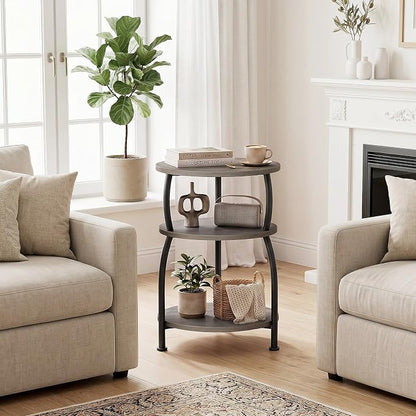 Round Side Table, 3-Tier End Table with Storage Shelf, 15.7" Wide Nightstand for Small Spaces, Tall Sofa Table Capable of Holding Laptops & Lamps, Bedside Table for Bedroom & Living Room, Grey
