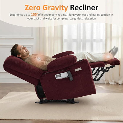 MCombo Oversized Zero Gravity Recliner Chair with Heating and Massage, Power Recliner for Big and Tall with USB & Type C Ports, Cup Holders for Living Room 8017 (Burgundy, Oversized)