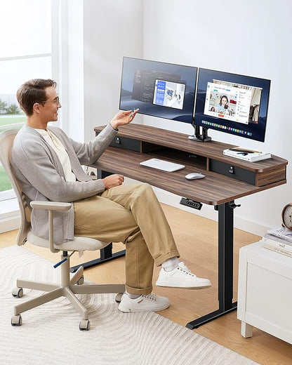 HUANUO 60″ x 30″ Electric Standing Desk with 2 Drawers, C-Clamp Mount Compatible, Height Adjustable Computer Desk, Home Office Stand Up Desk with 4 Preset Heights & 2 Hooks, Walnut