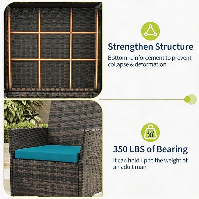 3-Piece Outdoor Furniture Set, PE Rattan Wicker Chairs with Soft Cushions & Tempered Glass Coffee Table - All-Weather Patio Set for Garden, Backyard, Porch, Poolside (Brown/Peacock Blue)