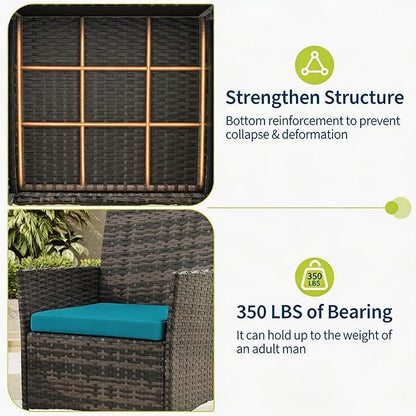 3-Piece Outdoor Furniture Set, PE Rattan Wicker Chairs with Soft Cushions & Tempered Glass Coffee Table - All-Weather Patio Set for Garden, Backyard, Porch, Poolside (Brown/Peacock Blue)