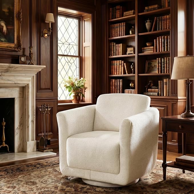 Swivel Accent Chair, 360° Barrel Chair with Solid Wood Frame & Removable Ergonomic Support Back Cushion, Fully Assembled Chenille Armchair for Living Room & Bedroom, Linen