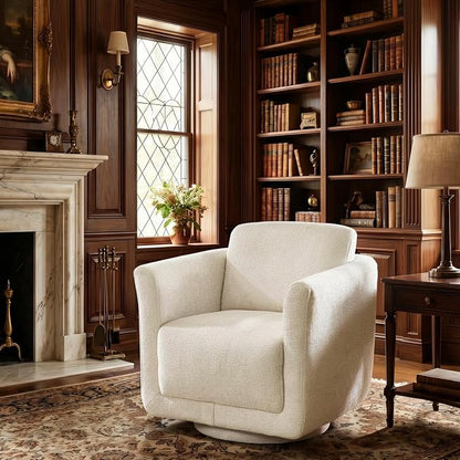 Swivel Accent Chair, 360° Barrel Chair with Solid Wood Frame & Removable Ergonomic Support Back Cushion, Fully Assembled Chenille Armchair for Living Room & Bedroom, Linen