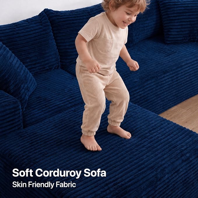 Claiks 94" Boneless Couch, Cloud Couch Sectional, L-Shape Corduroy Modular Sectional Sofa Deep Seat, Upholstered Couches for Living Room, No Assembly Required, Blue