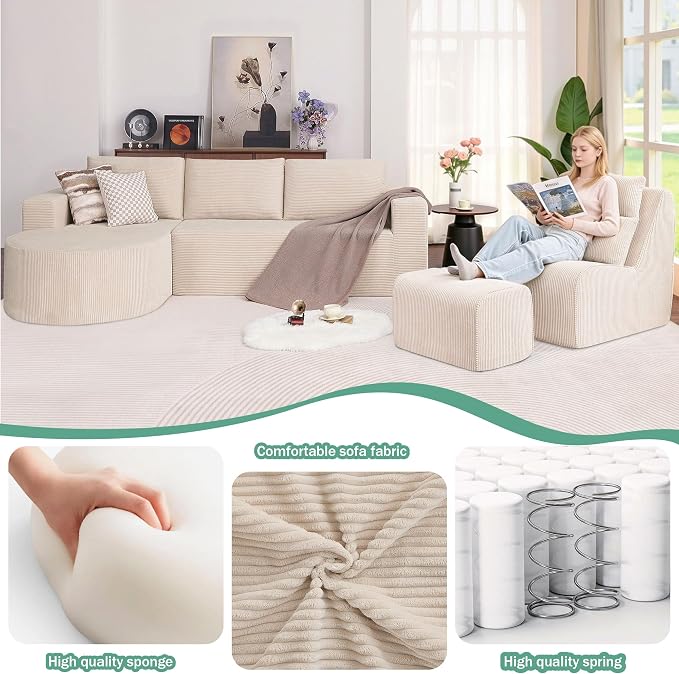 104.92" L-Shaped Corduroy 3 Piece Sofa Set with Single Lounge Chair & Ottoman, Modular Compressed All Foam Couch, Freely Movable Footrest, Minimalist Large Living Room Furniture