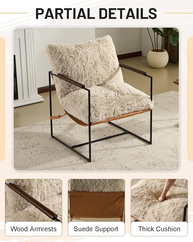Karl home Modern Metal Frame Accent Chair, Khaki | Plush Fleece Upholstered, Wood Padded Armrest, 28" Seat Width, Comfy Lounge Armchair for Living Room, Bedroom, Apartment