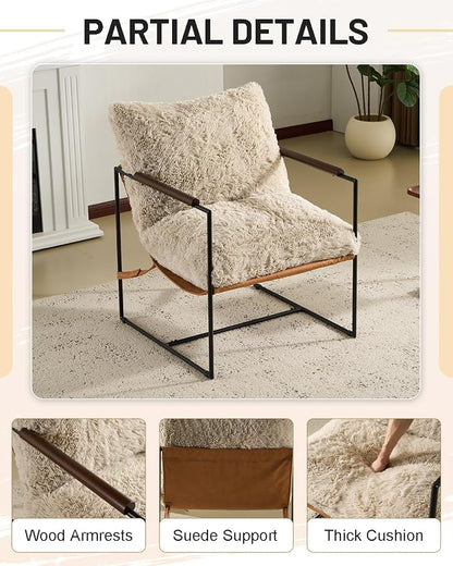 Karl home Modern Metal Frame Accent Chair, Khaki | Plush Fleece Upholstered, Wood Padded Armrest, 28" Seat Width, Comfy Lounge Armchair for Living Room, Bedroom, Apartment