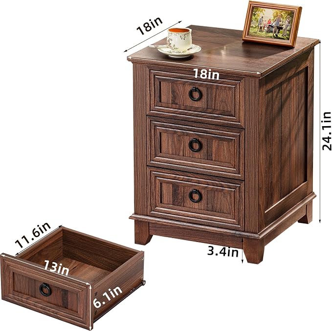 Joaxswe 18" Farmhouse Night Stand with 3 Drawers, Wood End Table Dresser for Bedroom, Retro Nightstand, Bed Side Table with Metal Handle, Bedside Cabinet for Bedroom Living Room, Closet