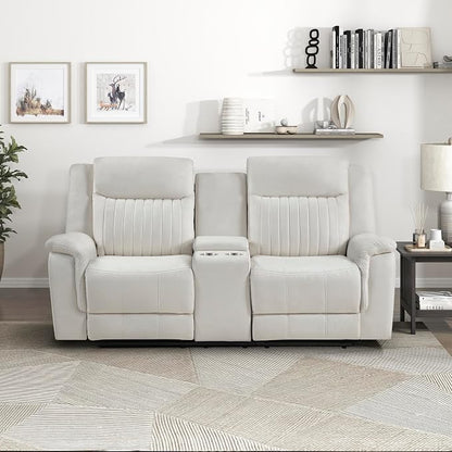 Lexicon Manual Double Reclining Loveseat, Polished Microfiber Manual Wall Hugger Loveseat Recliner for Living Room, Center Storage Console/Cup Holders, Easy Assembly, Beige