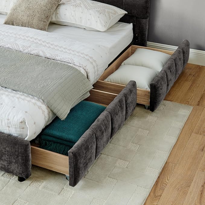 KEIKI King Thick Chenille Bed Frame with 4 Storage Drawer & Upholstered Tufted Headboard, Modern Solid Wood Floor Platform for Bedroom, No Box Spring Needed