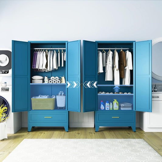 71" H Armoire Wardrobe Closet with 1 Drawer, Metal Wardrobe Closet with Doors and Adjustable Shelves, Wardrobe Cabinet with Hanging Rod, Closets for Bedroom, Laundry Room, Blue