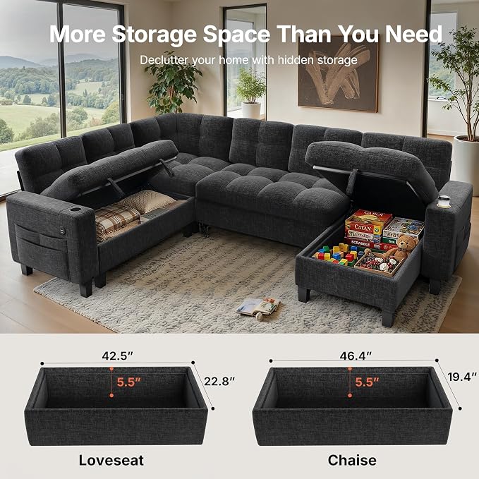 AMADA HOMEFURNISHING 110'' Modular Sectional Sleeper Sofa with Pull Out Couch, U Shaped 7 Seat Sectional Sofa with Storage, USB Ports & Cup Holders, Chenille Cloud Couches for Living Room, Dark Grey