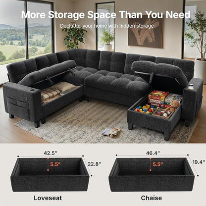 AMADA HOMEFURNISHING 110'' Modular Sectional Sleeper Sofa with Pull Out Couch, U Shaped 7 Seat Sectional Sofa with Storage, USB Ports & Cup Holders, Chenille Cloud Couches for Living Room, Dark Grey
