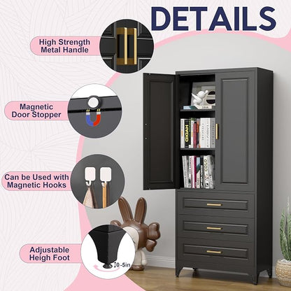 UNICOLY Pantry Kitchen Cabinet with Drawer, 75" Tall Pantry Storage Cabinet, Metal Storage Cabinets with Doors and Shelves, Large Freestanding Cupboard for Dining Room, Assembly Required, Black