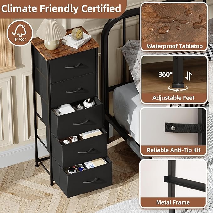Somdot Tall Dresser for Bedroom with 5 Drawers, Storage Organizer Chest of Drawers with Removable Fabric Bins for Closet Bedside Living Room Laundry Entryway Hallway, Black Rustic Brown