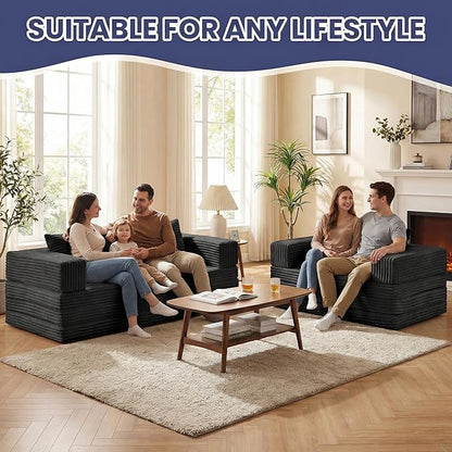 Convertible Sofa Bed, 4-in-1 Boneless Loveseat with Removable Armrests Backrest, Corduroy Futon Couch Bed with Pillow, Foldable Mattress Sleeper Sofa for Living Room Bedroom Small Place (Black)