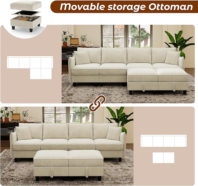 WorthFurni 112" Modular Sectional Sofa U Shape Couches with Storage Ottoman and Washable Cushion Cover for Living Room, Bedroom, Apartment(Beige)