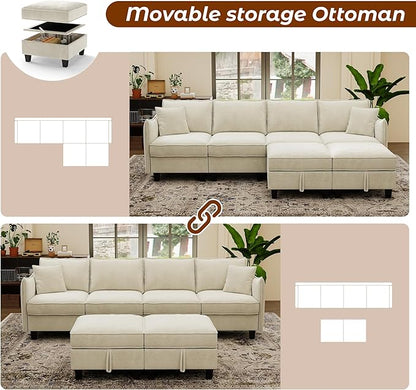 WorthFurni 112" Modular Sectional Sofa U Shape Couches with Storage Ottoman and Washable Cushion Cover for Living Room, Bedroom, Apartment(Beige)