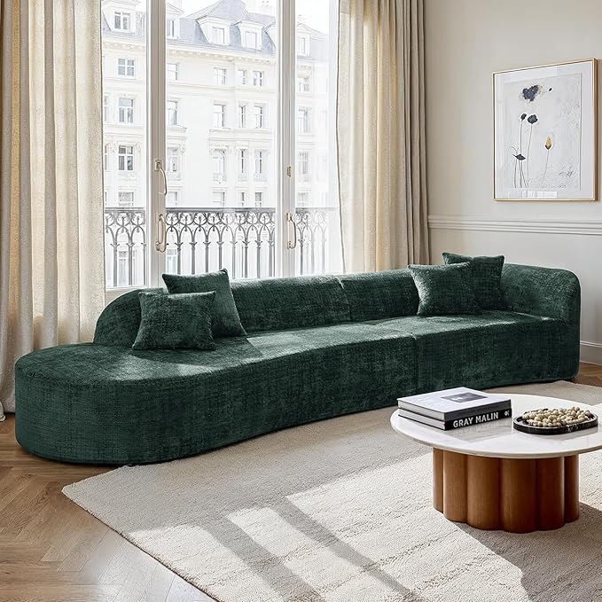 141.75" Modern Curved Compressed Sofa, All-Foam Cloud Couches with 4 Pillows, No Assembly Required Boneless Sectional Sofas, Large Floor Couch for Living Room, Olive