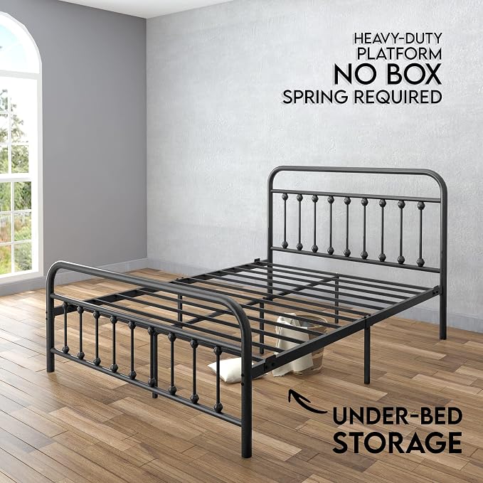 AMBEE21 Golden Gate Beds Vintage Style King Size Metal Bed Frame with Wrought Iron Headboard and Footboard – Classic Platform Bed with 11" Storage Space, No Box Spring Required, Black Finish