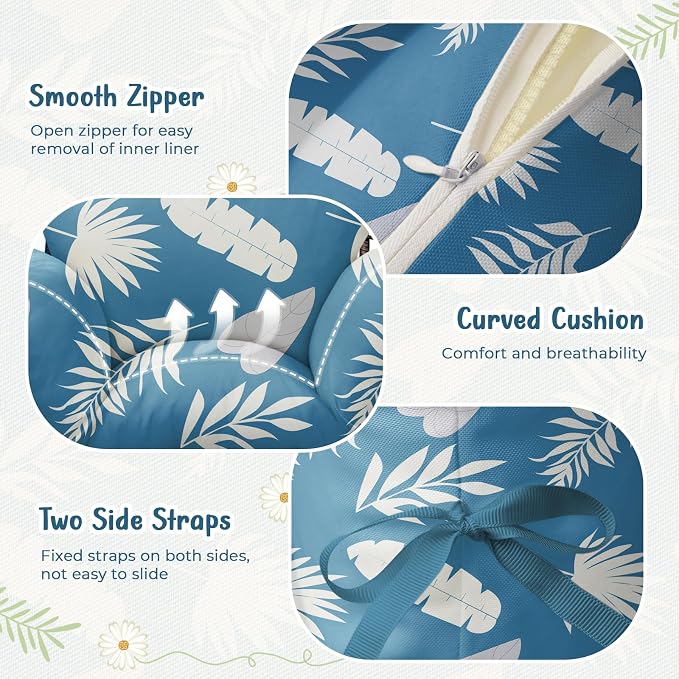 Waterproof Egg Chair Cushion Replacement 47x31.5x4.7 inch Thicken Hanging Egg Swing Chair Cushion Indoor Outdoor Wicker Rattan Hammock Basket Cushion with Headrest Pillow, Blue Leaf