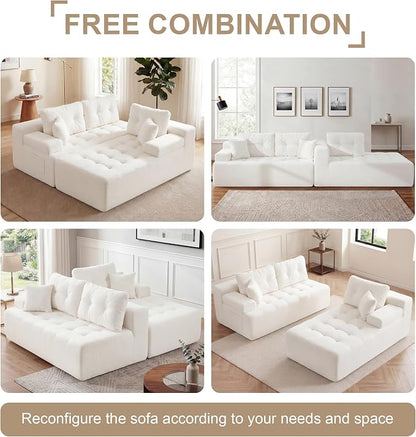Hobestluk Modular Sectional Sofa Couches L-Shape Couch 3 Seat Modular Sofa Memory Foam Sectional Couches for Living Room, Cloud Couch with Oversized Chaise (White Tufted, 96", Right Hand Facing)