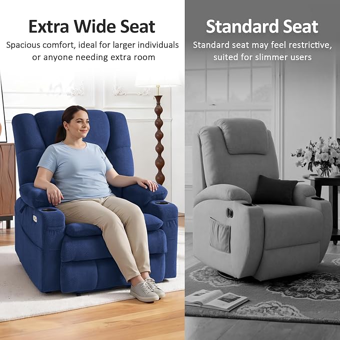 MCombo Big Man Power Lay Flat Lift Chair, Triple Motor Power Lift Recliner with Massage & Dual Heating, Adjustable Headrest, Fabric R7524 (Navy Blue, Medium-Wide)