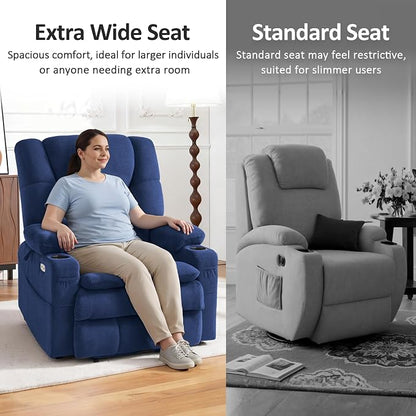 MCombo Big Man Power Lay Flat Lift Chair, Triple Motor Power Lift Recliner with Massage & Dual Heating, Adjustable Headrest, Fabric R7524 (Navy Blue, Medium-Wide)