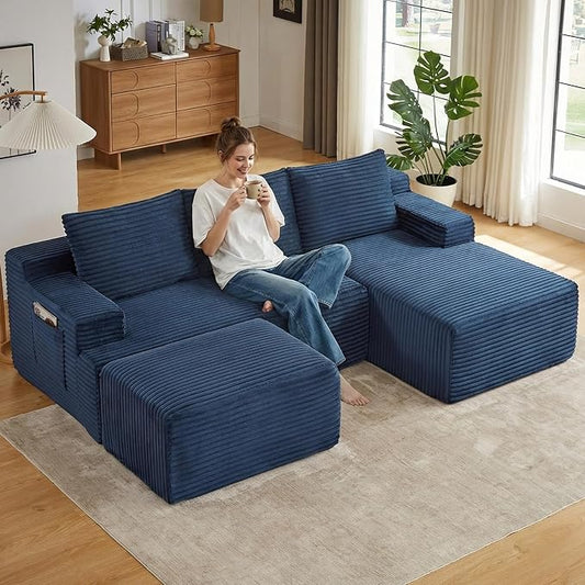 96" Cloud Sectional Couch U-Shaped Chaise with Ottoman, Corduroy Boneless Couch for Living Room Bedroom, Deep-Seat Upholstered Modular Cloud Sofa, No Assembly Required (Blue, Right Facing Chaise)