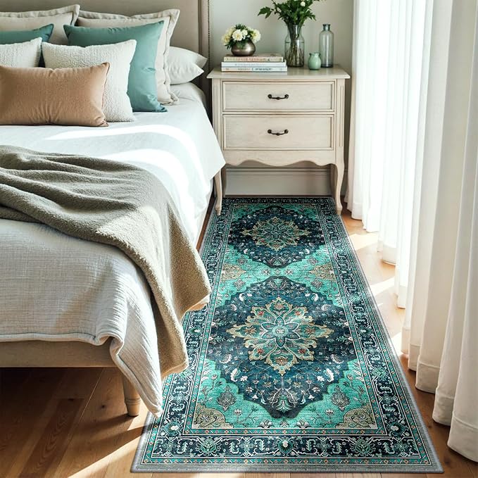 RELEANY Area Rugs Runner 3'x6' Washable Non-Slip, Floral Vintage Distress Medallion Carpet for Kitchen Hallway Bedroom Beside Laundry Room Bathroom, Teal Green Lake Blue Turquoise