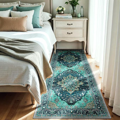 RELEANY Area Rugs Runner 3'x6' Washable Non-Slip, Floral Vintage Distress Medallion Carpet for Kitchen Hallway Bedroom Beside Laundry Room Bathroom, Teal Green Lake Blue Turquoise