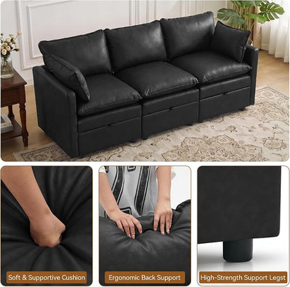 80" Black Faux Leather Storage 3 Seater Sofa, Modular Sectional Cloud Sofa | Modern Deep Seat Cloud Upholstered Sofa with Armrest, Convertible 3 Seater Comfy Sofa for Living Room, Bedroom, Small spaces