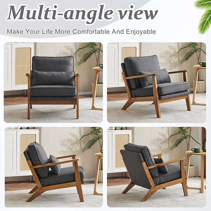 VINGLI Solid Wood Wide Armrests Accent Chair,Upholstered Mid Century Modern Chair with Pillow,Comfy Reading Chair Farmhouse Arm Chair,Chairs Living Room,Bedroom,Guest Room,Linen Fabric,Dark Grey