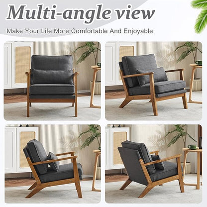VINGLI Solid Wood Wide Armrests Accent Chair,Upholstered Mid Century Modern Chair with Pillow,Comfy Reading Chair Farmhouse Arm Chair,Chairs Living Room,Bedroom,Guest Room,Linen Fabric,Dark Grey