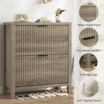 YOMILUVE Shoe Cabinet Storage for Entryway, Fluted Shoe Cabinet with 2 Flip Drawers, Hidden Shoe Rack Tall Freestanding Shoe Organizer with Legs for Hallway, Gray