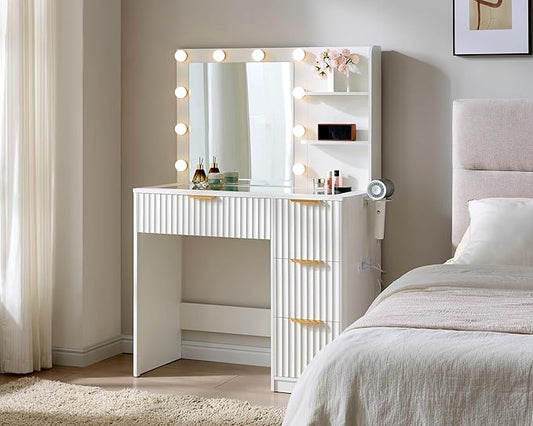 AMERLIFE 36.2" Fluted Vanity Desk with Mirror and Adjustable LED Lights, Large 4 Drawers Makeup Vanity Table with Glass Top and Charging Station for Women and Girls, Bedroom or Dorm, White