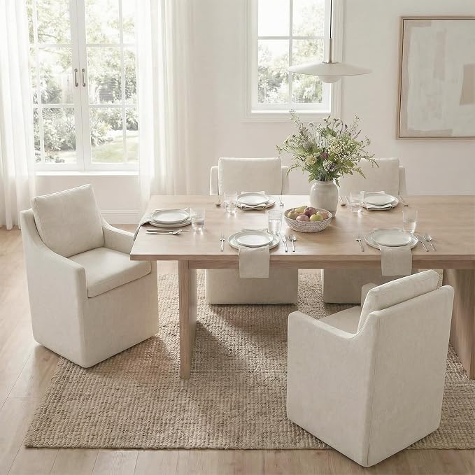 KISLOT Upholstered Dining Chairs Set of 4, Modern Dining Room Chairs with Casters & Washable Cover, Rolling Accent Chair with Hidden Storage for Kitchen, Farmhouse, Living Room, Beige, 4 Box