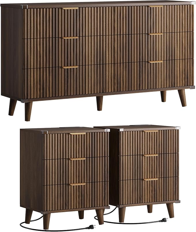 Lulive Modern Dressers and Nightstands Set 3-Piece, 2 Night Stands + 6-Drawer Dresser with Charging Station Modern Bedroom Sets