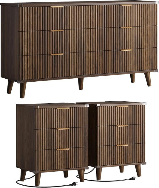 Lulive Modern Dressers and Nightstands Set 3-Piece, 2 Night Stands + 6-Drawer Dresser with Charging Station Modern Bedroom Sets