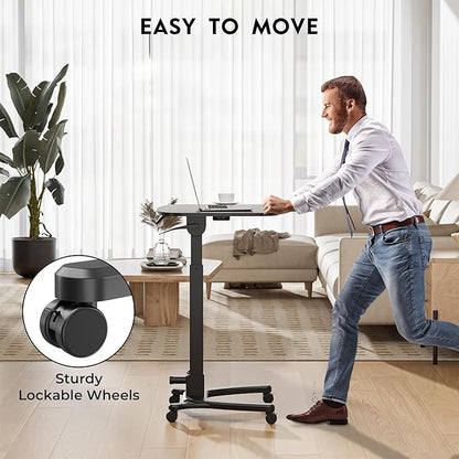 BONTEC Mobile Foldable Standing Desk, Portable Adjustable Height Desk with Gas Spring, Small Rolling Laptop Desk with Wheels for Home, Office, Bedroom, and Medical Use, 25.6" x 19.7" Desktop, Black