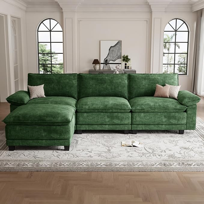 Modern L Shaped Sofa Couches for Living Room, Modular Sectional Cloud Couch with Movable Ottoman, Comfy Chenille Sofa for Apartment and Small Space, Green