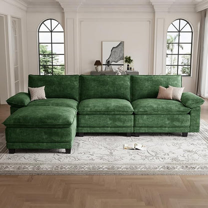 Modern L Shaped Sofa Couches for Living Room, Modular Sectional Cloud Couch with Movable Ottoman, Comfy Chenille Sofa for Apartment and Small Space, Green
